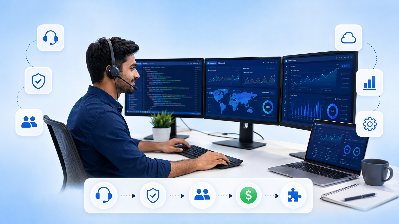 Dedicated IT engineer managing 24/7 NOC monitoring, ticket status, and live global team support for MSPs.