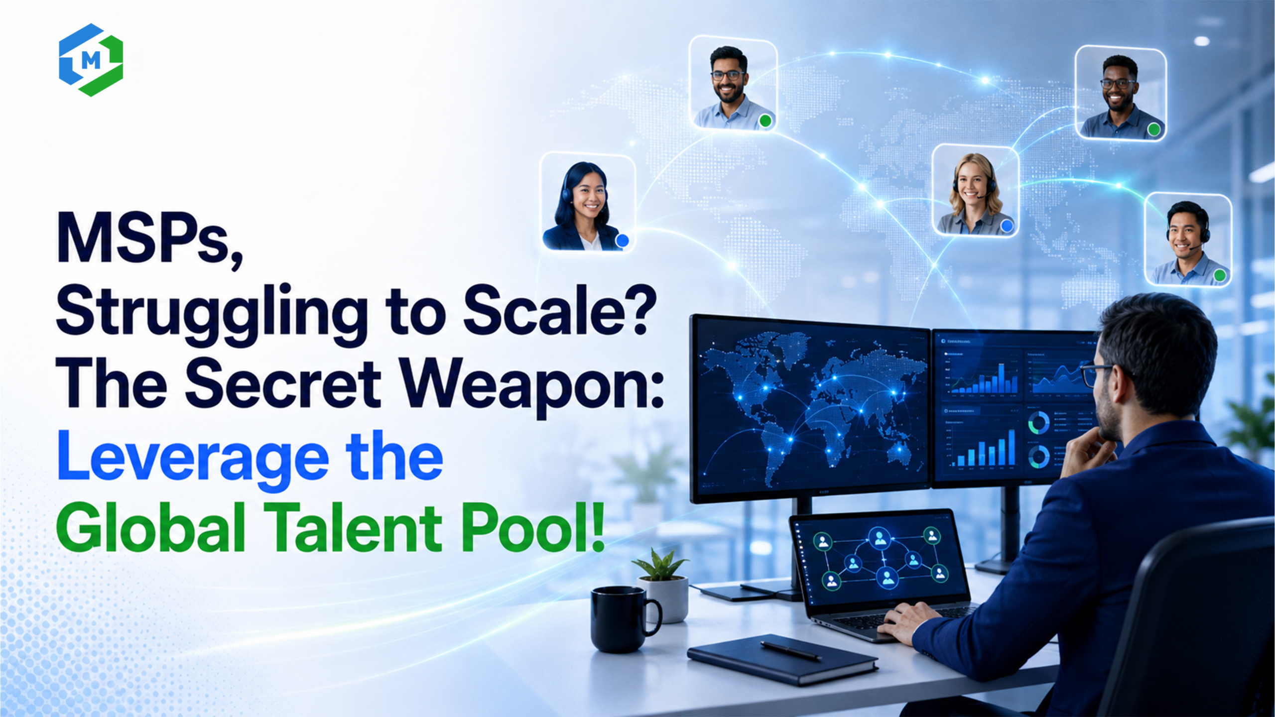 Graphic illustrating MSPs scaling operations using a global talent pool of dedicated IT engineers.