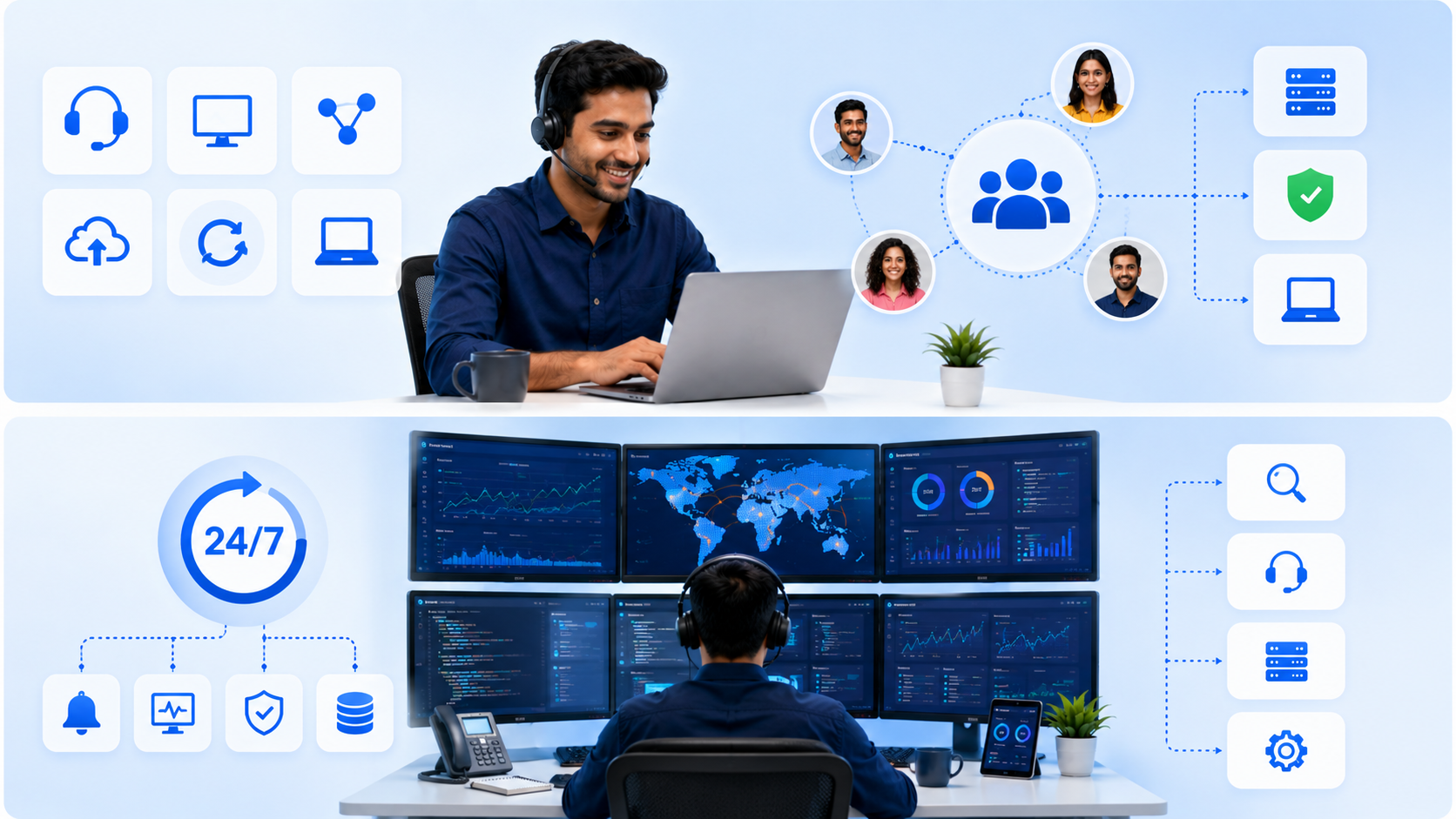 Split graphic showing a remote dedicated engineer delivering helpdesk support and a monitoring center providing 24/7 NOC services.