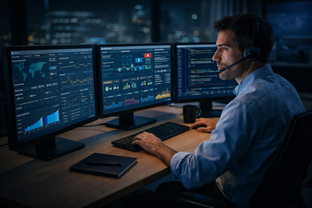 24/7 NOC engineer monitoring network dashboards and system performance to ensure uptime proactive issue detection and continuous IT infrastructure support MokshTech