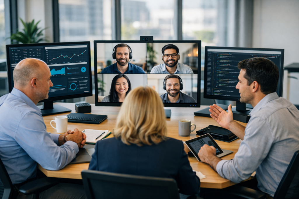 MSP leadership team collaborating with remote dedicated engineers on video conference to coordinate IT support operations improve service delivery and scale managed services MokshTech