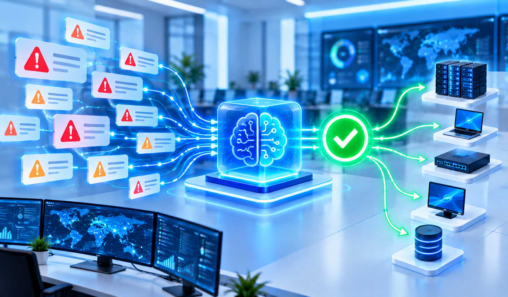 AI NOC automation system filtering incoming alerts to resolve issues across network infrastructure and servers