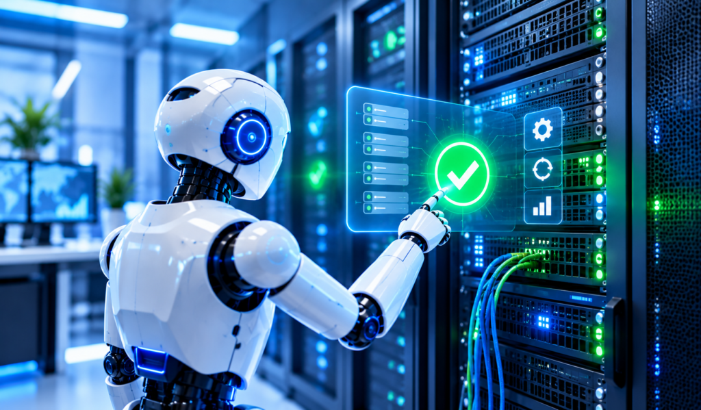 Autonomous AI NOC automation agent verifying and remediating server issues in a data center