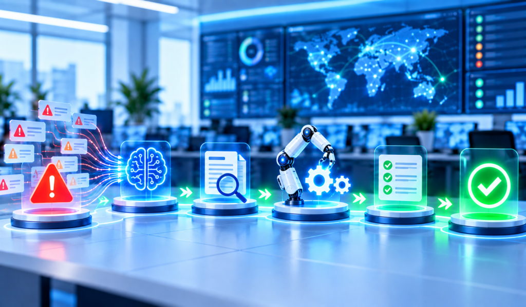 Step-by-step AI NOC automation workflow from alert detection and analysis to automated remediation and verification